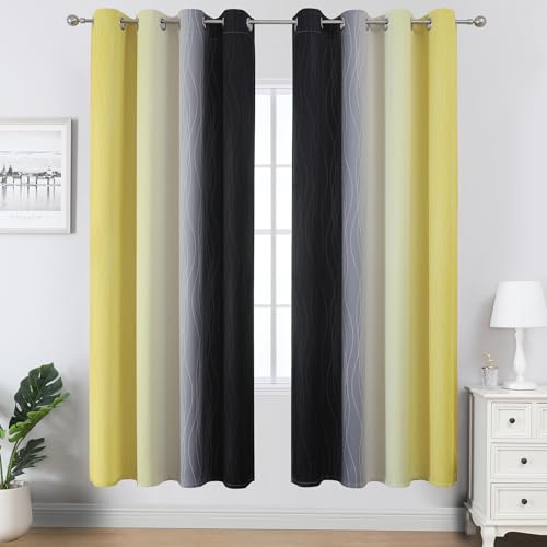 Estelar Textiler Black and Yellow Blackout Curtains for Living Room, Full Room Darkening Grommet Ombre Curtains for Bedroom, Thermal Insulated Light Blocking Gradient Drapes, 52Wx72L, 2 Panels