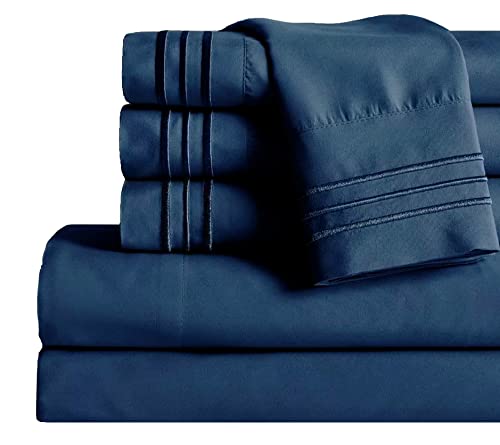 Image of Mocassi Twin XL Sheet Set - Luxury Hotel 1800 Premier Bedding Sheets & Pillowcases - Ultra Soft Breathable & Cooling Bed Sheets - Deep Pocket - Wrinkle Resistant - 4 Piece Set - Twin XL, Navy