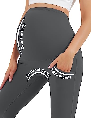 Image of HEGALY Women's Maternity Flare Leggings Over The Belly - Casual Pregnancy Yoga Pants with Pockets Buttery Soft, Dark Grey, Medium