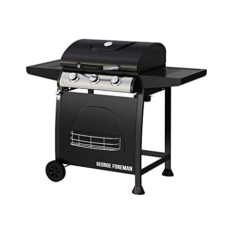 George Foreman 3 Burner Gas BBQ with Automatic Ignition & Integrated Thermometer, Black, Gas Barbecue, 2 Wheels Fitted Rack with 2 Shelves GFGBBQ3B Cover