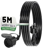 POWGRN Cavo di prolunga per esterni, 5 m, nero, pesante cavo in gomma H05RR-F 3G1,5, 16 A/250 V, cavo di alimentazione flessibile con nastro di stoccaggio, adatto per esterni