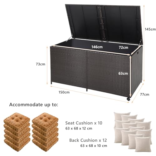 LIFEZEAL 662 L Coffre de Rangement en Rotin PE, Boîte Extérieur Intérieur avec 2 Roues Universelles, Housse Imperméable à Fermeture Éclair, Pouf pour Jardin, Balcon, 150x77x73 cm – Image 6