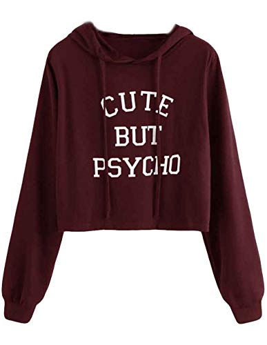 Bauchfreier Pulli Mädchen, Damen Hoodie Bauchfrei Pullover Brief Drucken Langarm Kapuzen Sweatshirt Kapuzenpullover Kurz Crop Tops Kapuzenpulli Sweatjacke Oberteile Shirts (Rotwein, S)