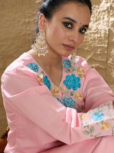 Image of INDO ERA Womens Silk Blend Embroidered Straight Kurta Pant Dupatta Set (IESTR6713)