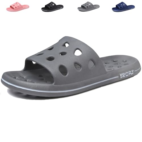 FINLEOO Shower Shoes for Women Men, Quick Drying Shower Sandals with Drain Holes Non-Slip Pool Slides Comfortable Lightweight House Slippers Grey
