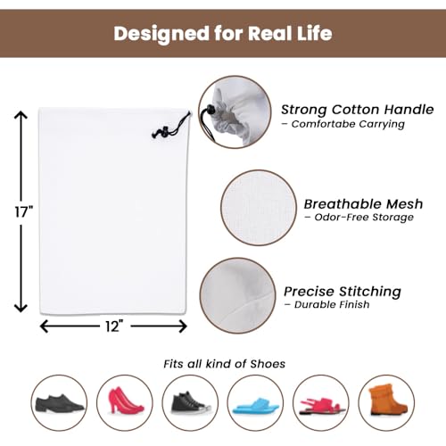 LFH Cotton Rich Shoe Storage Bags with Drawstring, Dustproof Breathable Reusable Organizer, Perfect For Travel, Dorm, Hotel, College, Gym, Easy to Carry, Machine Washable 12"x17" (Pack of 4) - White4
