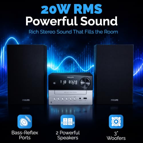 Image of Philips Bluetooth Stereo System for Home with CD Player for Home, Wireless Streaming Bluetooth 5.4 & Auracast, Upgraded 20W Sound, MP3, USB, Audio in, FM Radio, Micro Music Sound System