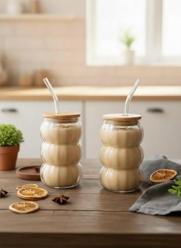 Image of SUANI Bubble Shape Glass Tumbler with Lid and Straw, 500ml Transparent Drinking Glass Cup for Iced Coffee, Cold Coffee, Juice, Smoothies, Milk, Tea and Beverages, Pack of 2