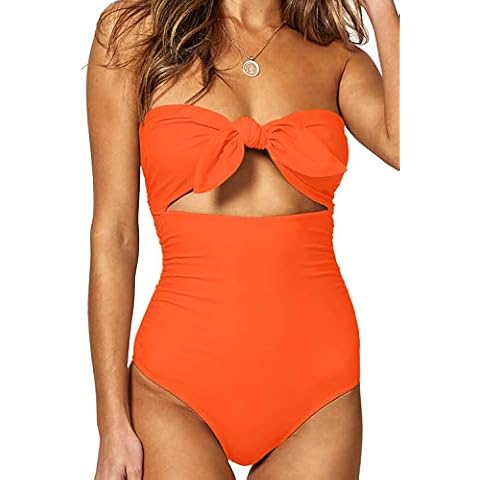 QINSEN Womens Sexy Strapless Tie Knot Front High Waist One Piece Swimsuit, Orange, Medium Cover