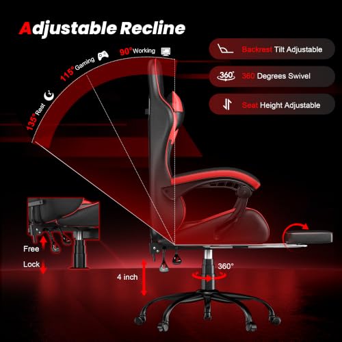 Image of Gaming Chair with Footrest, Ergonomic Video Game Chair with Headrest and Lumbar Support, 400 lbs Adult Chair, Height Adjustable 360 Swivel High Back Reclining Computer Chair for Home Office (Red)