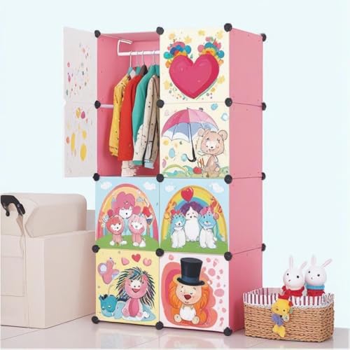 Image of 8 Door Kids Cartoon Wardrobe Storage Cabinet - DIY Modular Clothes Organizer with Hanging Cartoon Design Wardrobe with Multi for Bedroom, Living Room,Entryway