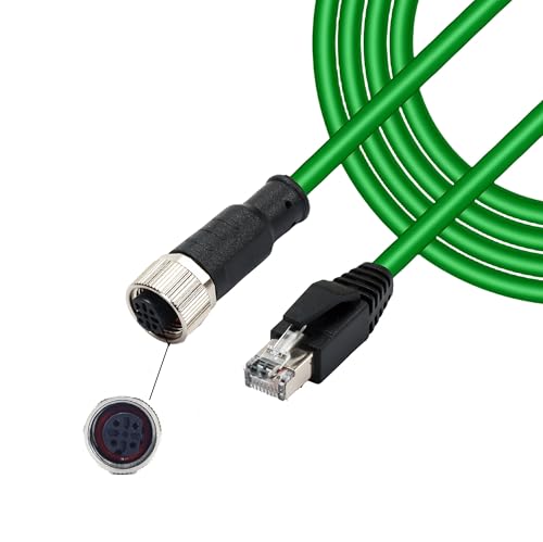 M12 4-Pin D-Code Female to RJ45 Cat5e Ethernet Cable, PVC High-Flex Shielded AWG24 Industrial Cable Assembly, 4A 250V, for Industrial Cameras &amp; Automation Systems