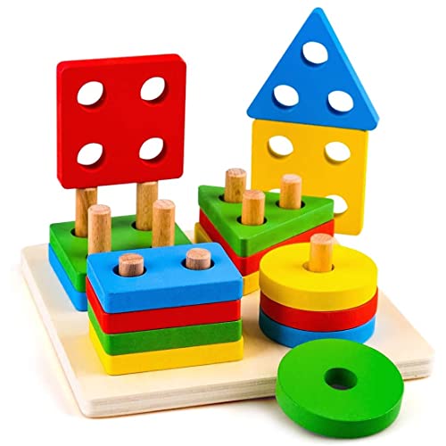 Montessori Toys for 1 to 3 Year Old Boys, Girls & Toddlers - 16 PCS Wooden Shape Sorter & Stacking Toys for Toddlers - Developmental, Learning & Educational Toys, Color Recognition Baby Puzzles Gift