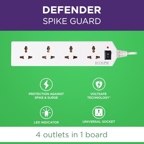 Image of EcoLink Defender Surge & Spike Guard 1.5 M | 4 Socket Extension | Surge Protection | Heavy-Duty Cable | Home & Office | Pack of 1