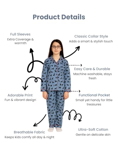 Image of Girls Premium Cotton Full Sleeves Printed Nightsuit Set | Collar Style Night Dress for Girls | Soft & Breathable Pajama Set | Trendy Kids Sleepwear & Nightwear