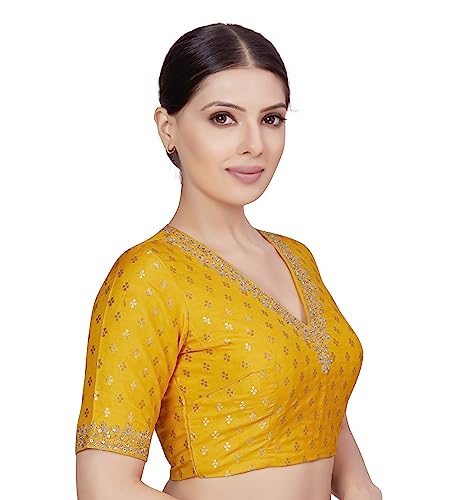 Image of Studio Shringaar Women's Brocade Embroidered V-Neck Readymade Elbow Length Sleeves Saree Blouse
