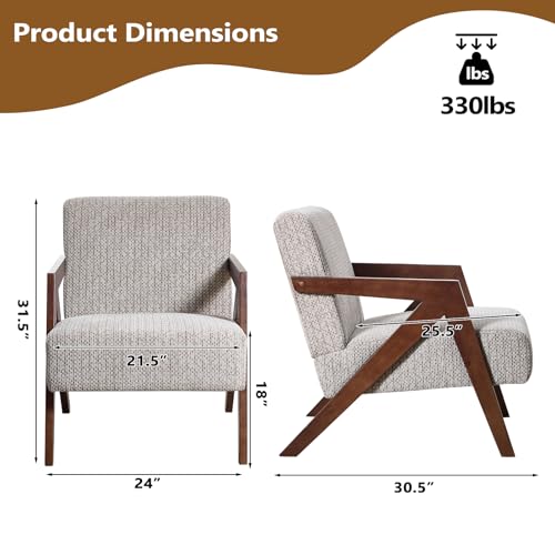 Bonzy Home Mid-Century Modern Accent Chair Set of 2 with Solid Wood Frame, Upholstered Armchair for Bedroom & Living Room,Reading Side Chair with Soft Lien Fabric Cushion,Easy Assembly,Beige - Image 3