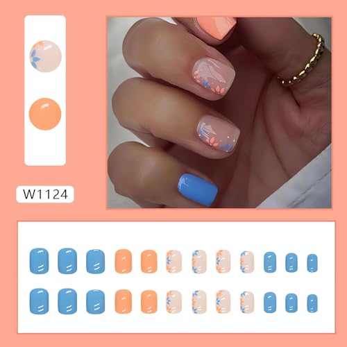 Flower Press on Short Nails Square Flowers Fake Nails Small Flower Glue on Nails Full Cover Stick on Nails with Spring Summer Design Acrylic False Nails DIY Nails Press ons for Women Girls 24Pcs - Image 3