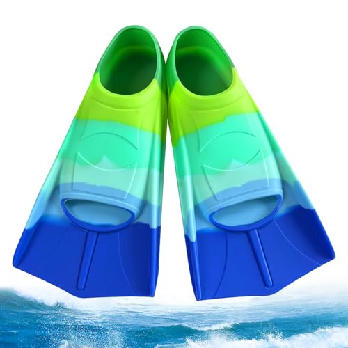 Aletas de natación para niños, 100% silicona, aletas cortas de silicona, aletas de entrenamiento, aletas de entrenamiento ligeras y cortas, aletas de entrenamiento para niños y niñas, color azul
