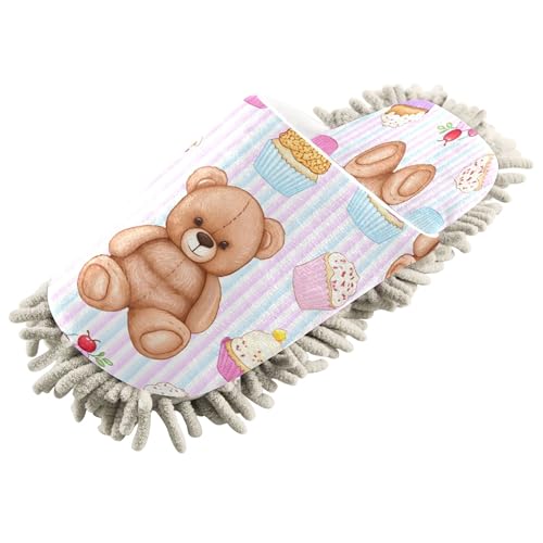 Kigai Bears Cupcakes Mop Slippers for Floor Cleaning, Slippers for Women Men, Microfiber Floor Cleaning, M