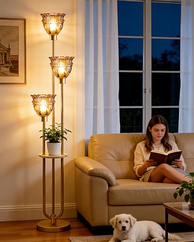Image of Lightdot Glass Floor Lamp for Living Room Mid Century Modern Gold Floor Lamp with Amber Glass Shade 3000K Bulbs Included Tall Standing Lamp with 5Lbs Heavy Base for Bedroom /Sofa Beside /Corner Decor