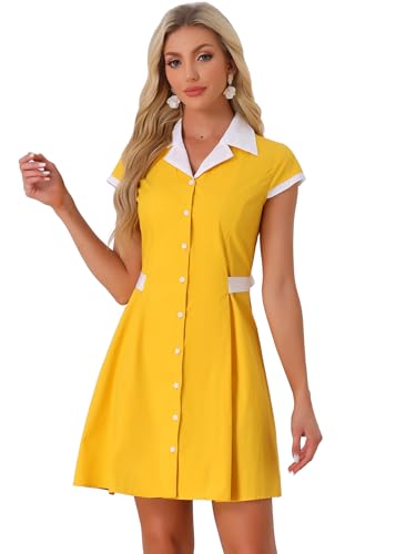 Image of Allegra K Women's Vintage Button Down Shirt Dress Notch Lapel Short Sleeve Belted Office Mini Short Dresses