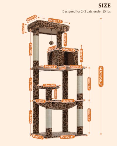 Image of MUTTROS Leopard Cat Tree, 56.3 inch Cat Tower for Indoor Large Cats | Multi-Level Cat Activity Center with condo, hammock, perch & sisal posts for 2-3 indoor cats under 15 lbs