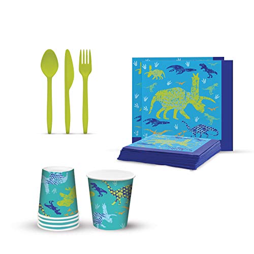 My Greca Dinosaur Party Supplies - ( Serves 16) - Dinosaur Decorations Set For Birthday Party - Plates, Cups, Napkins, Happy Birthday Banner, Table Cover, Utensil Sets - Trex Bday Theme Pack #TOP4
