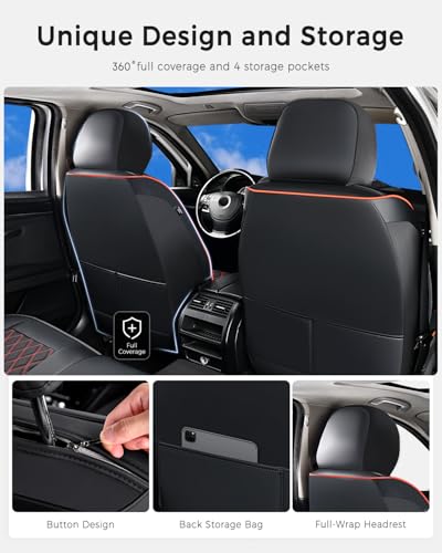 Image of Huidasource Seat Covers, Car Seat Cover Nappa Leather Universal Fit for Most Cars, Vans, Trucks, SUVs, Compatible with Airbags, Child Seat, Car Seat Covers Velcro Adjustable (Full Set /Black&Red)