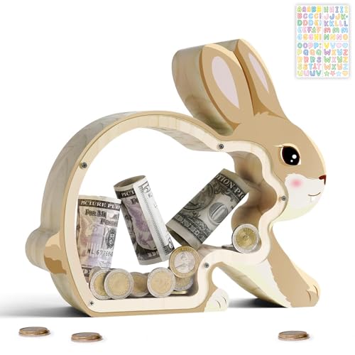 Wooden Bunny Piggy Banks for Kids, Unbreakable Rabbit Coin Bank for Kids with Letter Sticker, Wooden Cashbox Money Jar Personalizable Gift, Educatinal Toy for Boys, Girls
