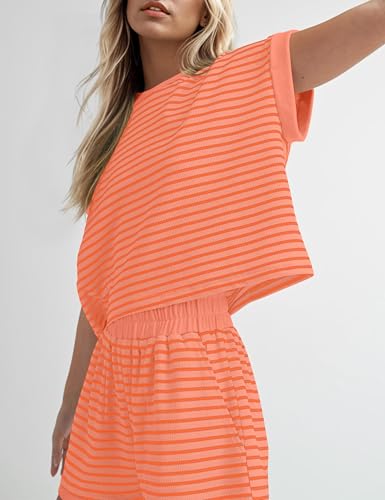 Image of MISSACTIVER 2 Piece Lounge Set Women Stripe Knit Short Sleeve Tee Shirts Shorts Casual Summer Loungewear Shorts Sets