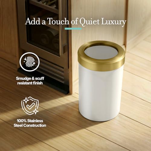 Image of Gatco Small Bathroom Trash Can with Lid, Round 3 Gallon Stainless Steel Wastebasket, Under Sink, Matte Pearl and Brushed Brass, for Bathroom, Bedroom, Office (1931B)