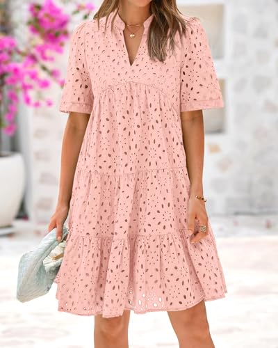 Image of BTFBM Womens Boho Summer Dresses 2026 Spring V Neck Short Sleeve Hollow Out Lace Ruffle Casual Beach Mini Vacation Dress