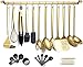 Amazon Brand–Eono Set di Utensili da Cucina dorato in acciaio inossidabile 37 pezzi,Accessori da cucina con portautensili e gancio, resistente al calore e lavabile in lavastoviglie