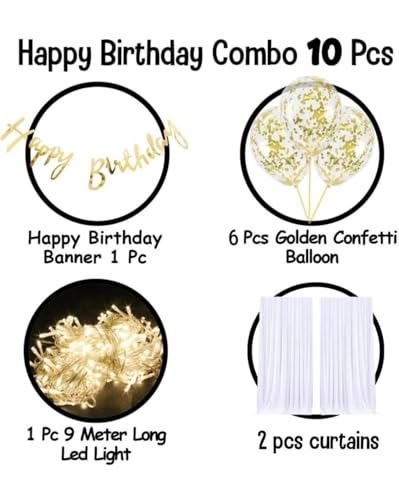 Image of MOOKE Gold Birthday Decoration Set[10Pcs] - Happy Birthday Banner, Gold Confetti Balloons With LED Light, Unisex-Adults, Unisex-Kids