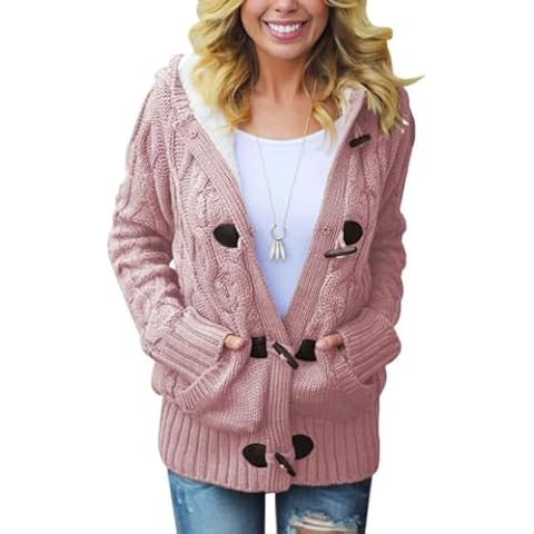 Pink Cable Knitted Hooded Cardigan for Women Cover