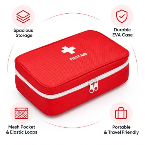Image of First Aid Bag Empty Medicine Storage Organizer with Handle | Large Medical Kit Pouch with Mesh Pocket, Elastic Loops & Spacious Compartments | EVA Case for Home, Car, Office, Travel & Camping
