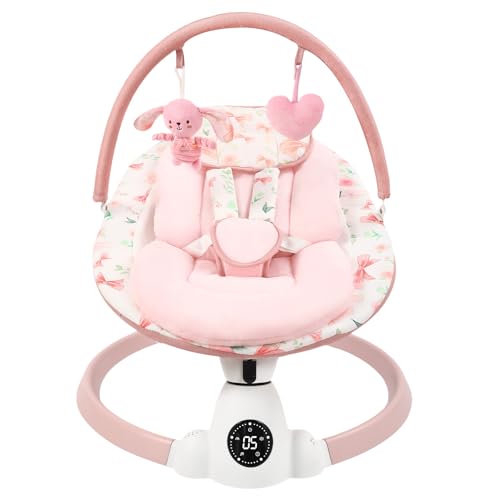 Image of Baby Swing for Infants with 5 Swing Speeds, Portable Electric Baby Swing with Bluetooth, Remote Control & Touch Panel, 5-Point Harness, Indoor & Outdoor Use, Pink