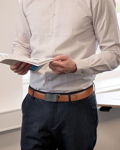 Image of Chaoren Leather Ratchet Belt 2 Pack Dress with Click Sliding Buckle 1 3 /8 inch in Gift Set Box - Adjustable Trim to Fit