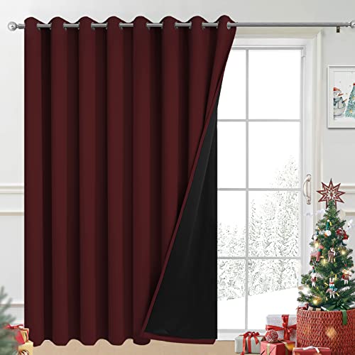 Image of Yakamok Burgundy Red Blackout Patio Door Curtain Panels W100 x L84,1 Panel | Noise Reducing Barrier Panel for Sliding Glass Door, 2 Thick Layers Heat Full Light Blocking Patio Door Drapery