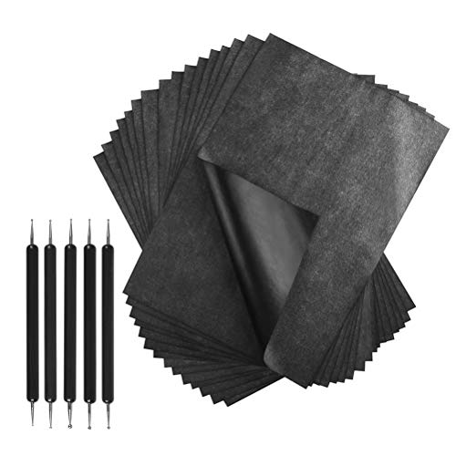 200 Sheets Carbon Paper, Black Transfer Tracing Paper Carbon Copy Paper Graphite Paper with 5 Pcs Embossing Stylus Dotting Tools for Woodworking Patterns, Paper, Canvas, Art Craft