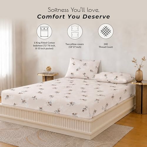 Image of King Size Elastic Fitted Bedsheet, 100% Pure Cotton King Size Fitted Bedsheet for Double Bed with 2 Pillow Covers, 240 TC, 72x78 Inches up to 8-inch Mattress, Floral (Cocoa Blossom)