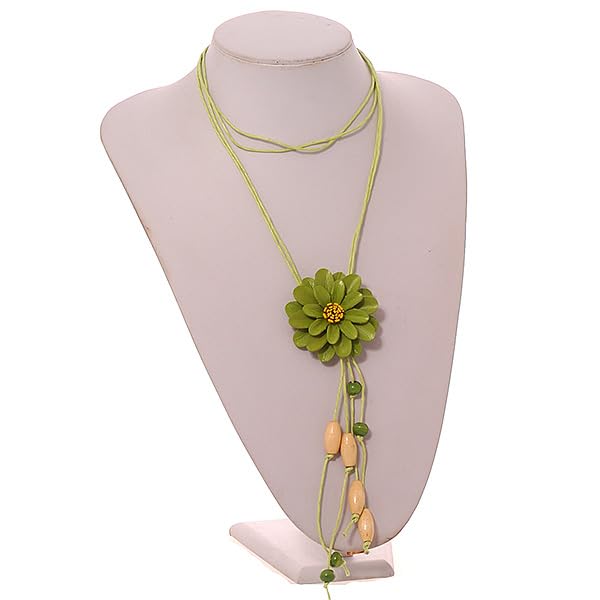 Collier cordon coton vert réglable avec pendentif fleur cuir et pompons bois Avalaya
