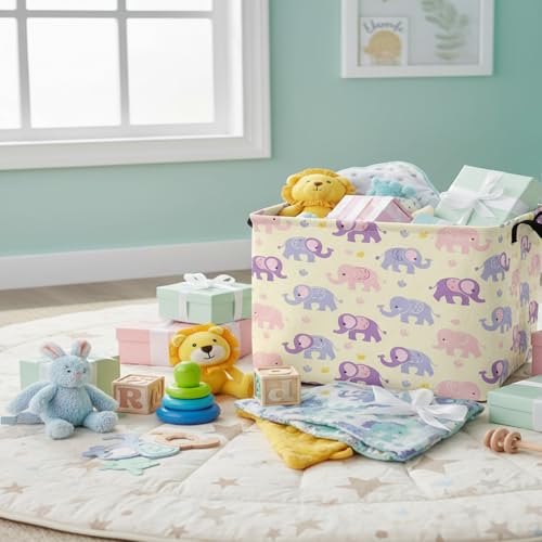 Image of Kid Cute Rectangle Storage Basket Baby Toy Clothes Storage Bin Nursery Playroom Bedroom Decor Basket (Pink&Purple Elephant)