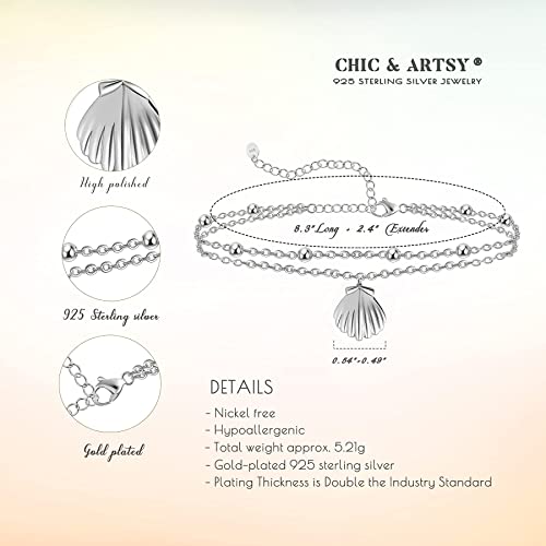 Chic & Artsy Scallop Shell Anklet 925 Sterling Silver Scallop Shell Ankle Bracelet Adjustable 11 Inches Boho Layered Foot Anklet For Women Beach Double Chain Anklet #TOP4