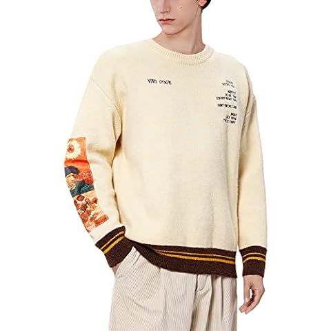 Aelfric Eden Men's Knitted Sweater Van Gogh Painting Jumper Unisex Women Regular-Fit Casual Pullover Tops Beige Cover