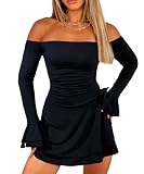 Coloquin Women Off Shoulder Long Sleeve Mini Dress Double Ruffle Ruched A Line Dress Going Out Dresses Black S