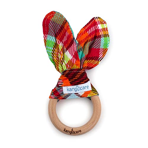 Image of Kanga Care Baby Soft Muslin Sensory Crinkle Bunny Ear Wood Teething Ring - Quinn Plaid