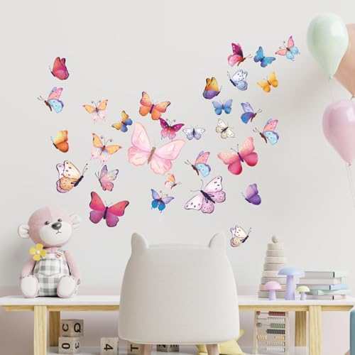 Schmetterlinge Wandtattoo Kinderzimmer,Bunt Wandsticker,Aquarell Schmetterlinge Wandaufkleber für Mädchen Baby & Kinderzimmer Wohnzimmer Möbel Fenster Wanddeko