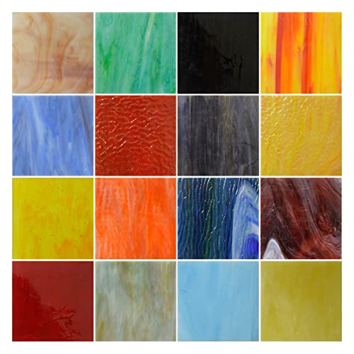 Wecrejoni 16 Sheets Variety Stained Glass Sheets,4 X 4" Cathedral Art Glass Variety Mixed Textures Glass Sheets For Stained Glass Projects, For Crafts (Mashup 2) #TOP6